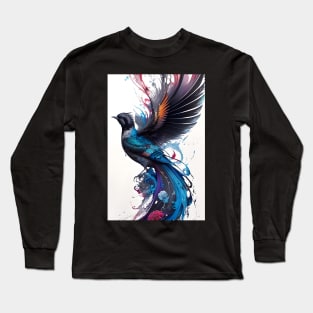 Black and Multi-Color Ink Bird Image Long Sleeve T-Shirt